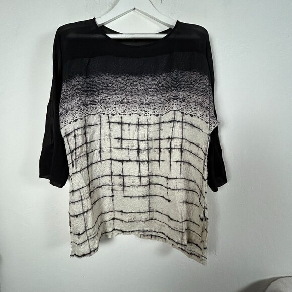 Dressori Womens Sheer Black/White Abstract Grid Textured Silk Tunic Top Medium - Picture 1 of 9